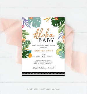 Editable Tropical Baby Shower Invitation Oh Baby Aloha Coed Shower Party Sprinkle Luau Palm Hawaiian Beach Corjl Template Printable 0183