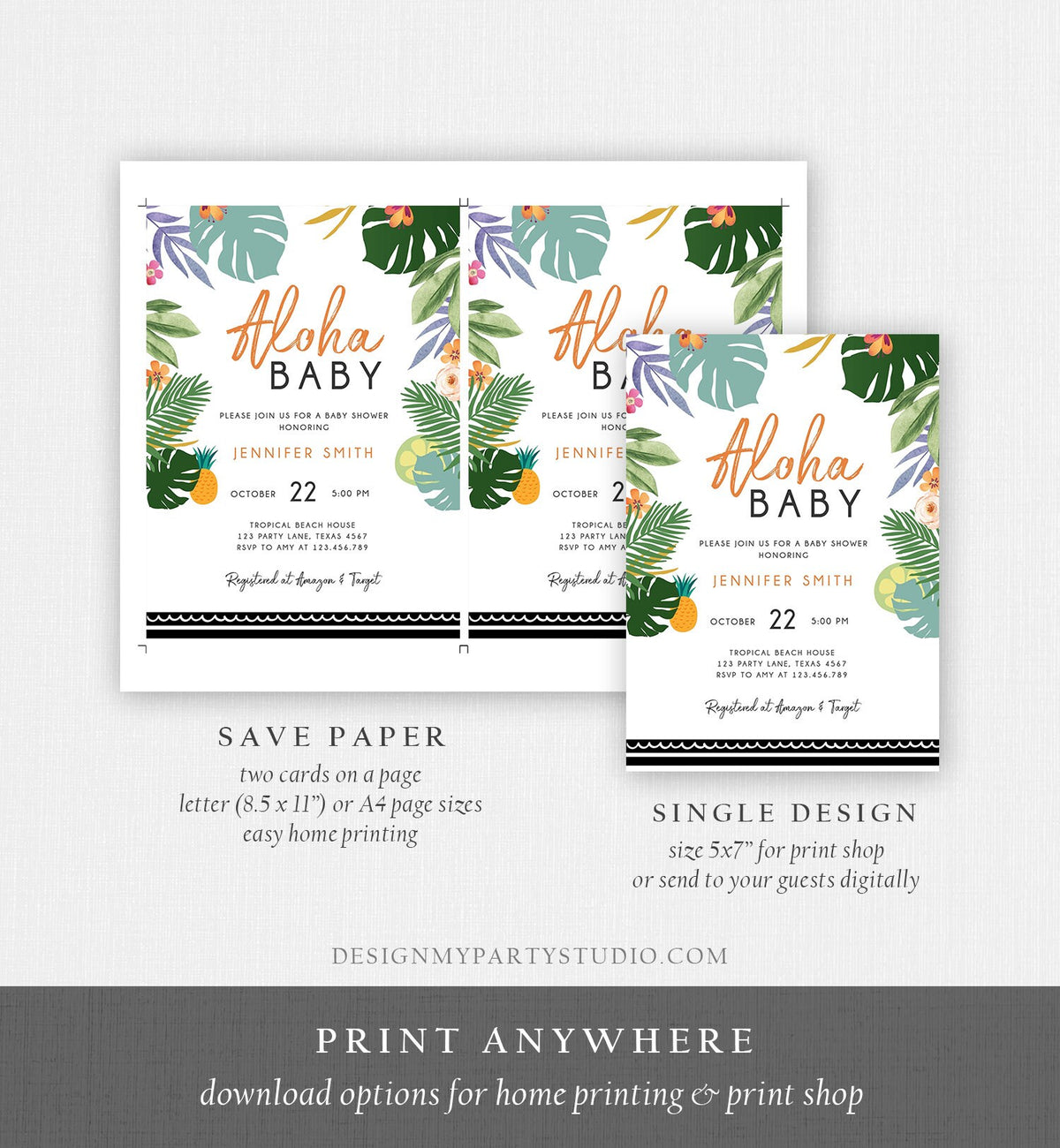 Editable Tropical Baby Shower Invitation Oh Baby Aloha Coed Shower Party Sprinkle Luau Palm Hawaiian Beach Digital Template Printable 0183