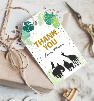 Editable Safari Animals Favor Tag Thank You Tags Wild One Wild Animals Jungle Zoo Download Black Gold Leaves Corjl Template Printable 0068