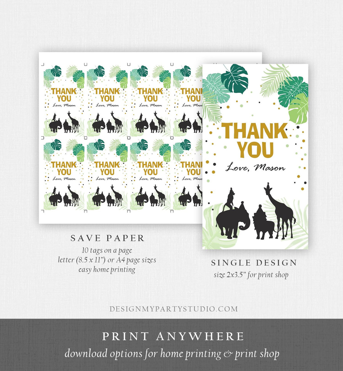 Editable Safari Animals Favor Tag Thank You Tags Wild One Wild Animals Jungle Zoo Download Black Gold Leaves Corjl Template Printable 0068