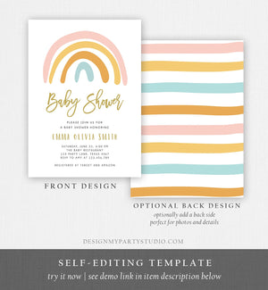 Editable Rainbow Baby Shower Invitation Muted Rainbow Invitation Gender Neutral Pastel Birthday Pink Girl Bow Download Corjl Template 0331