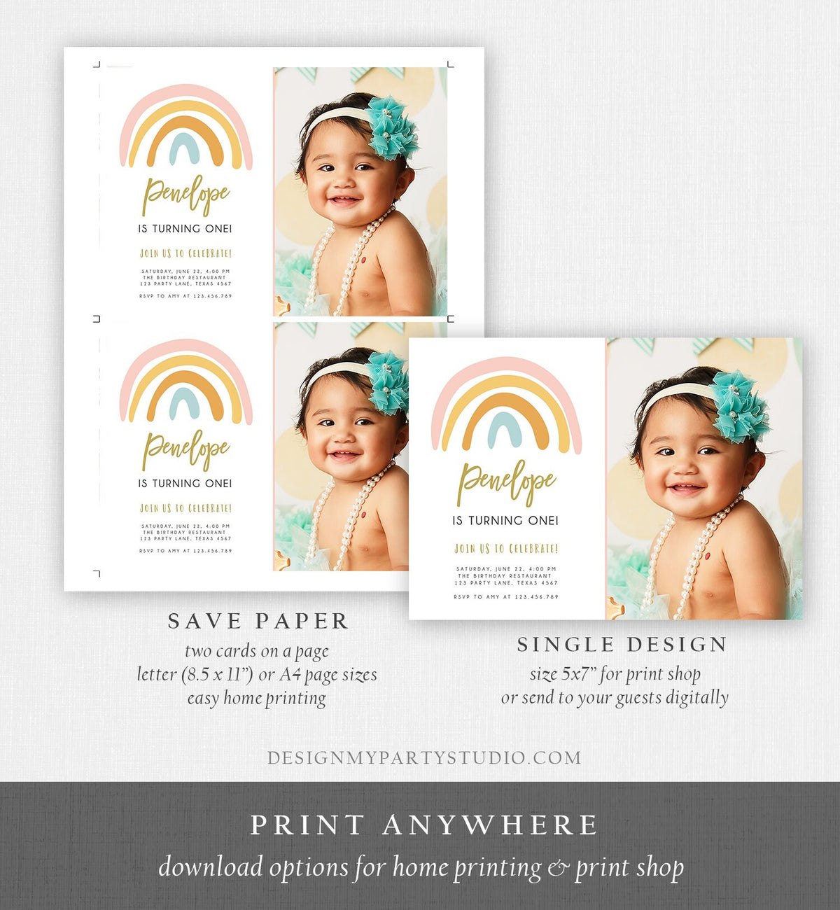 Editable Rainbow Birthday Invitation Muted Rainbow Invitation Pastel 1st Birthday Pink Girl Any Age First Bday Download Corjl Template 0331