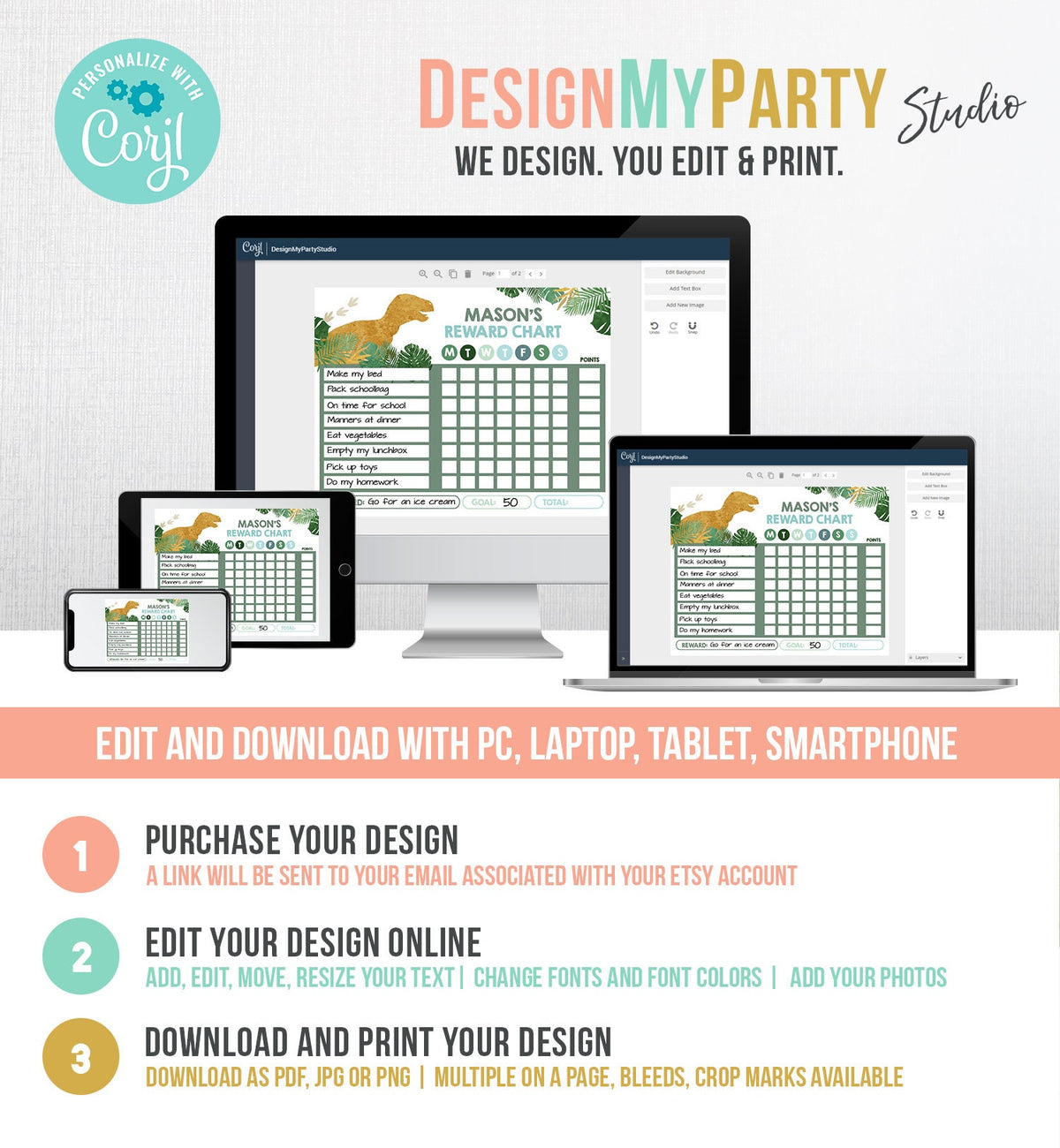 Editable Dinosaur Reward Chart for Boys Printable Dino Chore Chart for Kids Chores T-Rex Blue Routine Chart Printable Template Corjl 0146