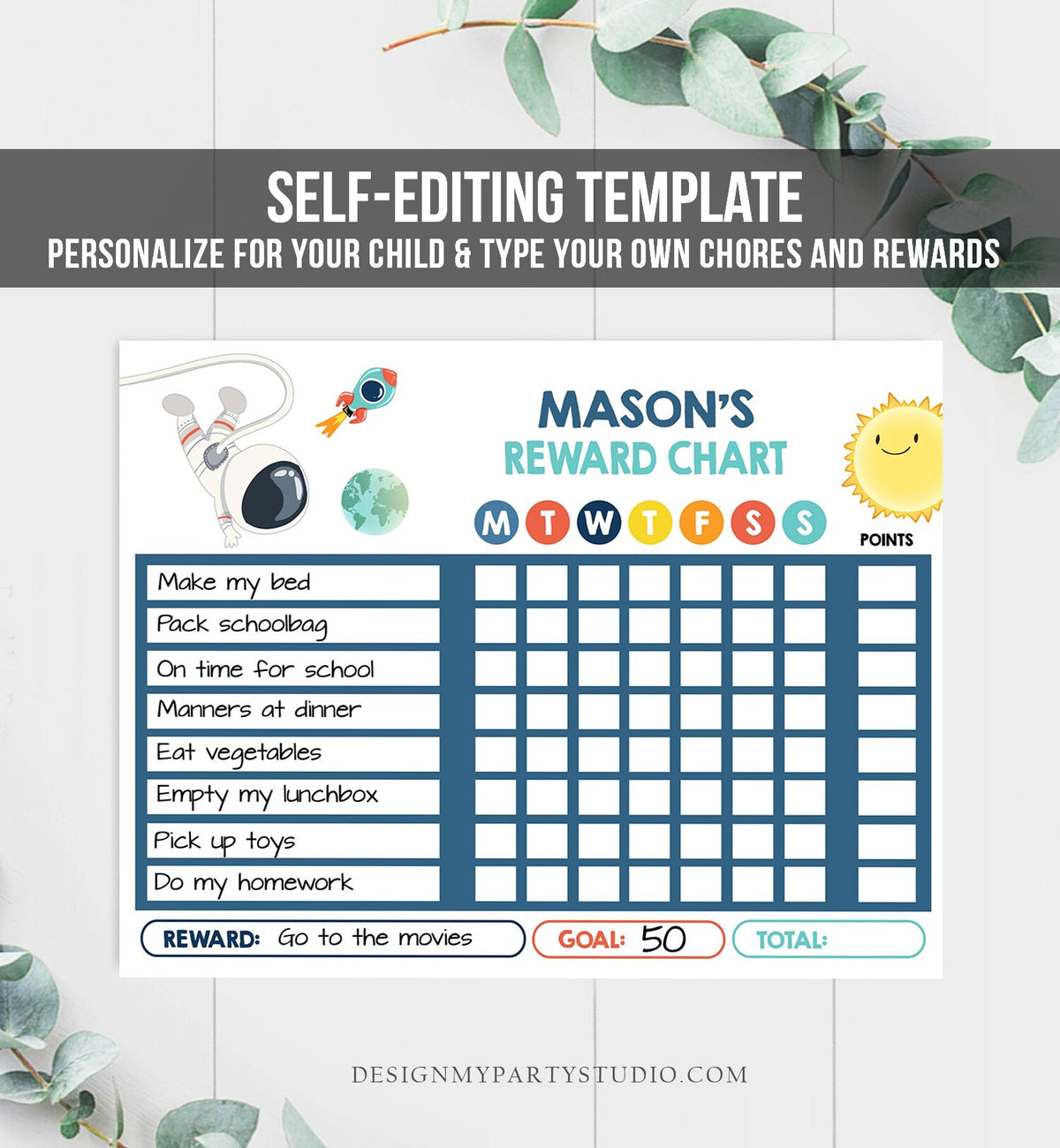 Editable Space Astronaut Reward Chart for Boys Space Rocket Shuttle Chore Chart for Kids Routine Chore Chart Printable Template Corjl 0046