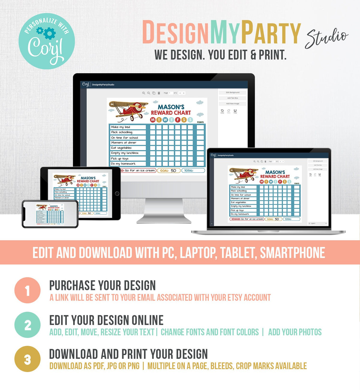 Editable Airplane Reward Chart Boy Red Vintage Airplane Air Force Chore Chart for Kids Chores Routine Chart Corjl Template Printable 0011