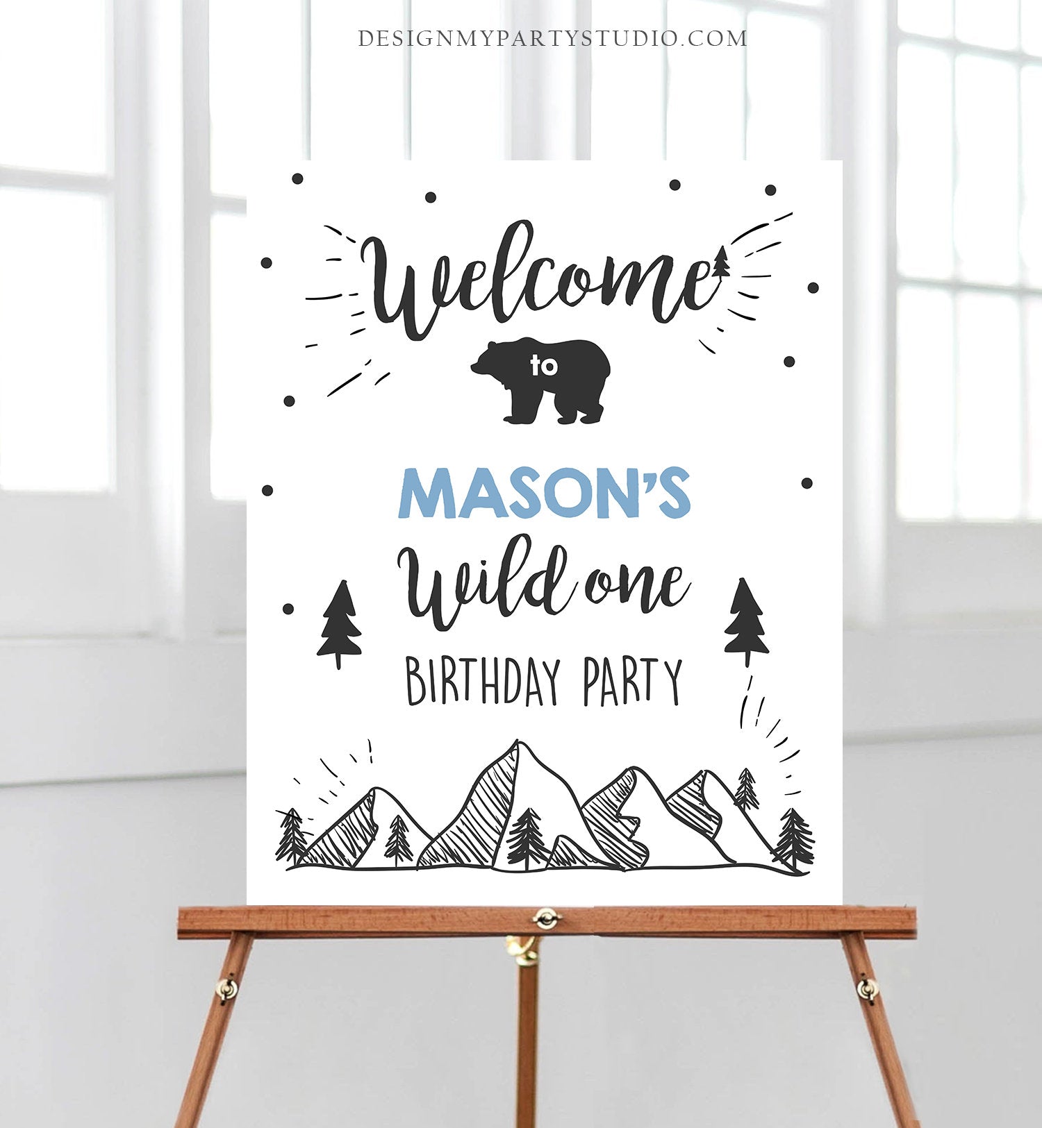 Editable Wild One Welcome Sign Adventure Birthday 1st Birthday Boy Blue Mountains Bear Woodland Shower TTemplate PRINTABLE Corjl 0083