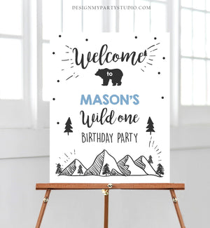 Editable Wild One Welcome Sign Adventure Birthday 1st Birthday Boy Blue Mountains Bear Woodland Shower TTemplate PRINTABLE Corjl 0083