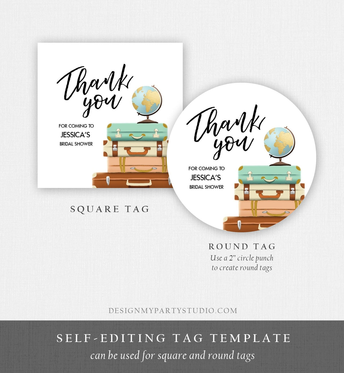 Editable Travel Thank You Tags Bridal Shower Favor Labels Adventure Round Stickers Suitcases Baby Download Corjl Template PRINTABLE 0030