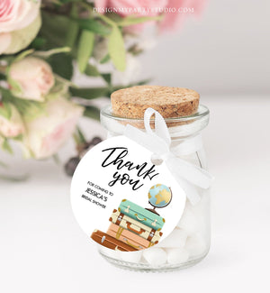 Editable Travel Thank You Tags Bridal Shower Favor Labels Adventure Round Stickers Suitcases Baby Download Corjl Template PRINTABLE 0030