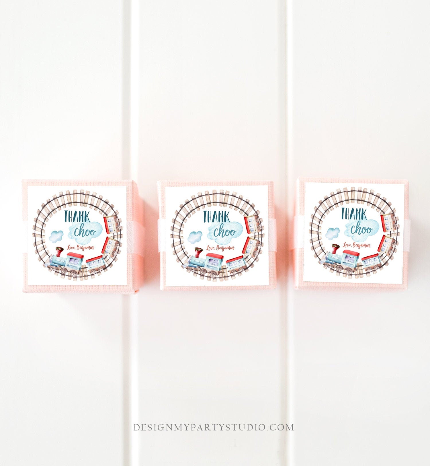 Editable Train Favor Tag Birthday Stickers Thank Choo Thank You Tags Chugga Choo Red Blue Boy Cupcake topper Rails Corjl Template 0149