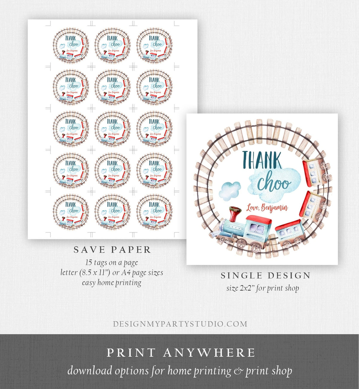 Editable Train Favor Tag Birthday Stickers Thank Choo Thank You Chugga Choo Red Blue Boy Cupcake Rails Digital Template Printable 0149