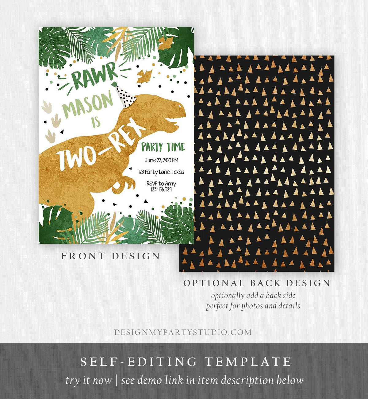 Editable Two-Rex Dinosaur Birthday Invitation Dino T-Rex Boy Second Birthday 2nd RAWR ROAR Prehistoric Digital Template Printable 0146