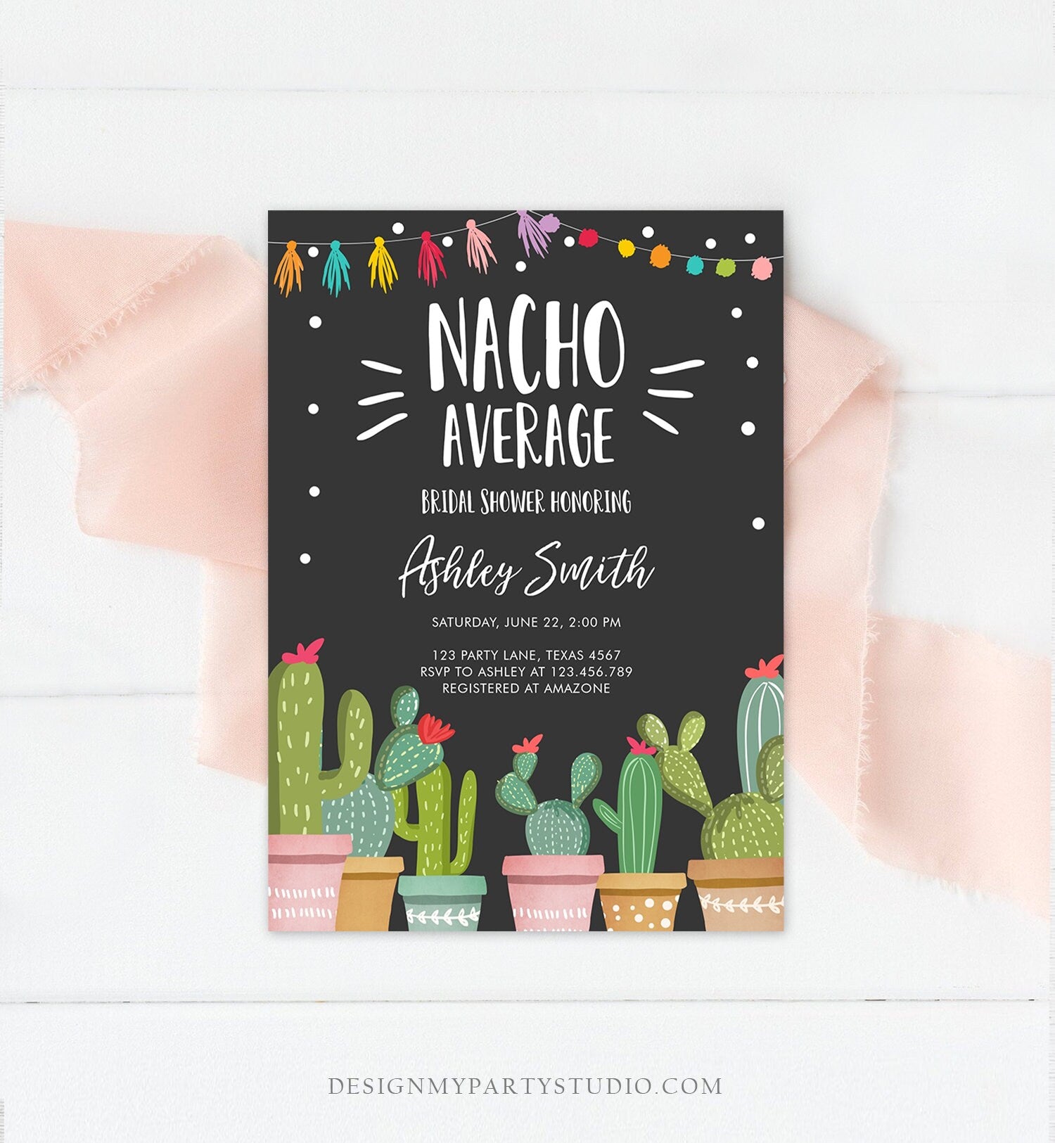 Editable Nacho Average Bridal Shower Invitation Fiesta Cactus Mexican Bachelorette Party Taco Bout Love Coed Corjl Template Printable 0254