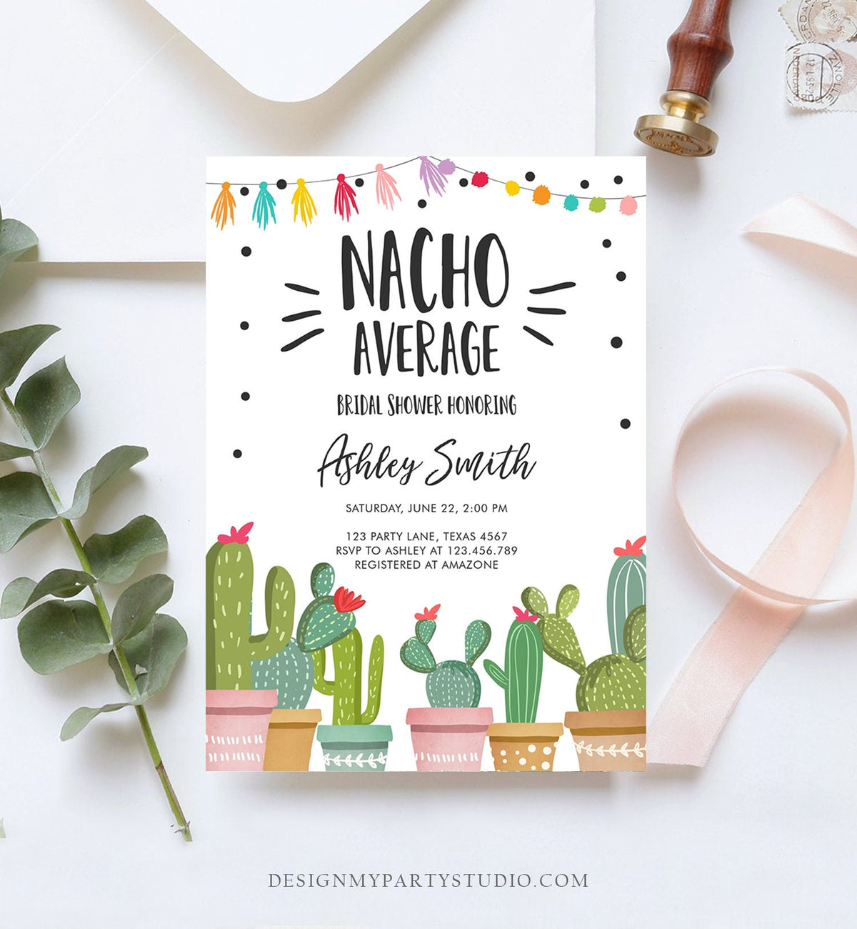 Editable Nacho Average Bridal Shower Invitation Fiesta Cactus Mexican Bachelorette Party Taco Bout Love Coed Digital Template Printable 0254