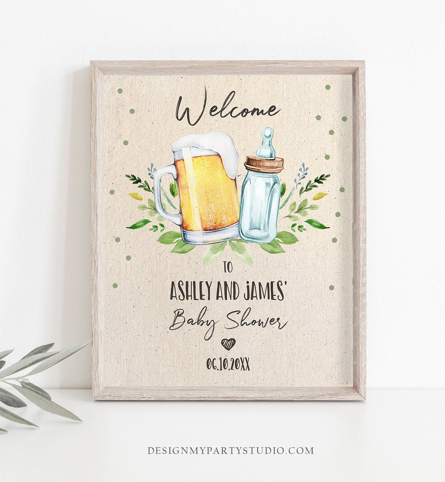 Editable A Baby is Brewing Welcome Sign Brewing Baby Shower Bottle and Beers Cheers Coed Couples Shower Gender Neutral Corjl Template 0190