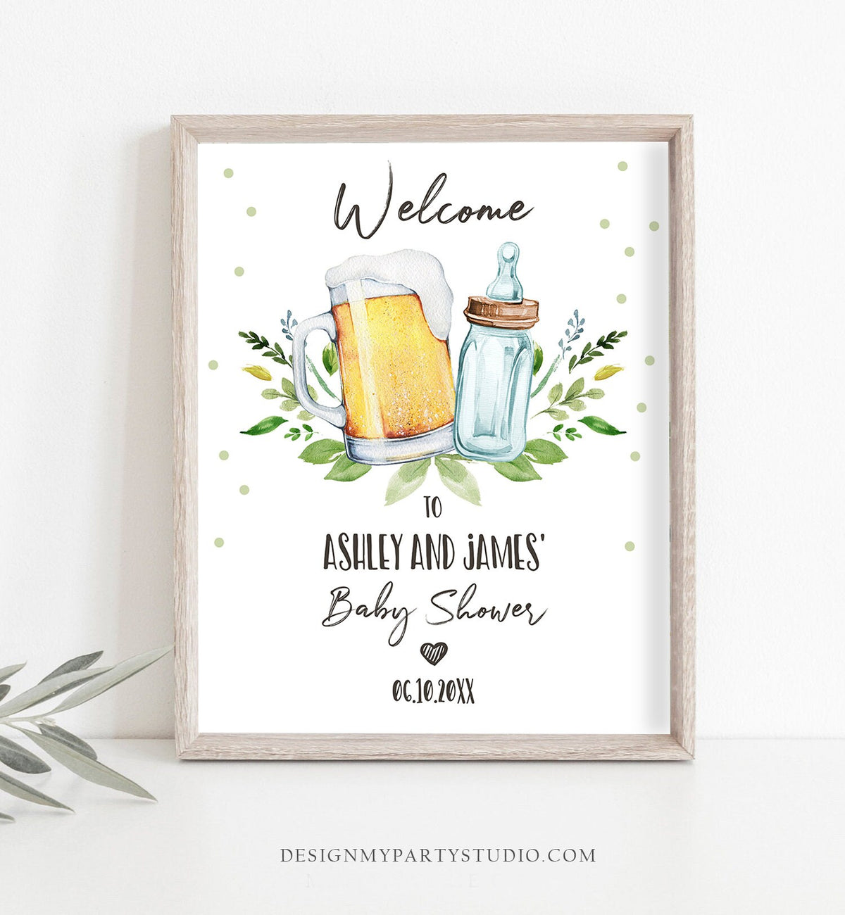 Editable A Baby is Brewing Welcome Sign Brewing Baby Shower Bottle and Beers Cheers Coed Couples Shower Gender Neutral Corjl Template 0190