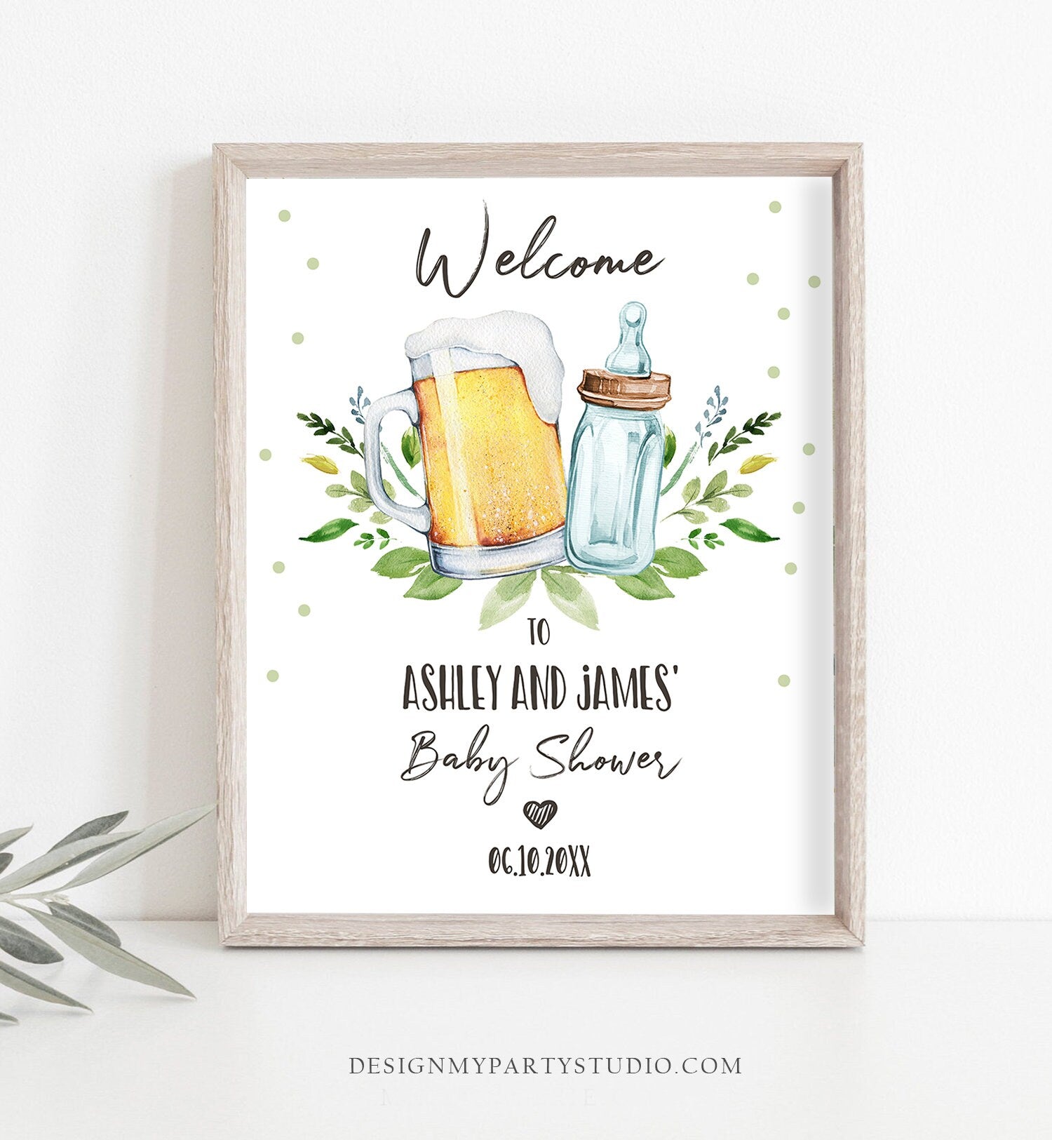 Editable A Baby is Brewing Welcome Sign Brewing Baby Shower Bottle and Beers Cheers Coed Couples Shower Gender Neutral Corjl Template 0190