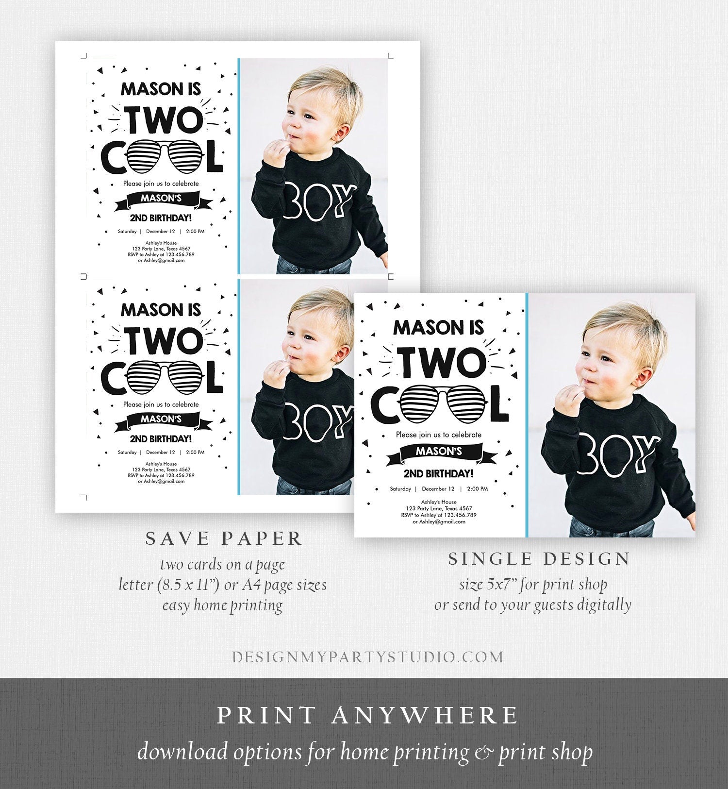 Editable Two Cool Birthday Invitation Boy Second Party 2nd I'm this Many I'm Two Cool Sunglasses Palm Digital Template Printable 0136