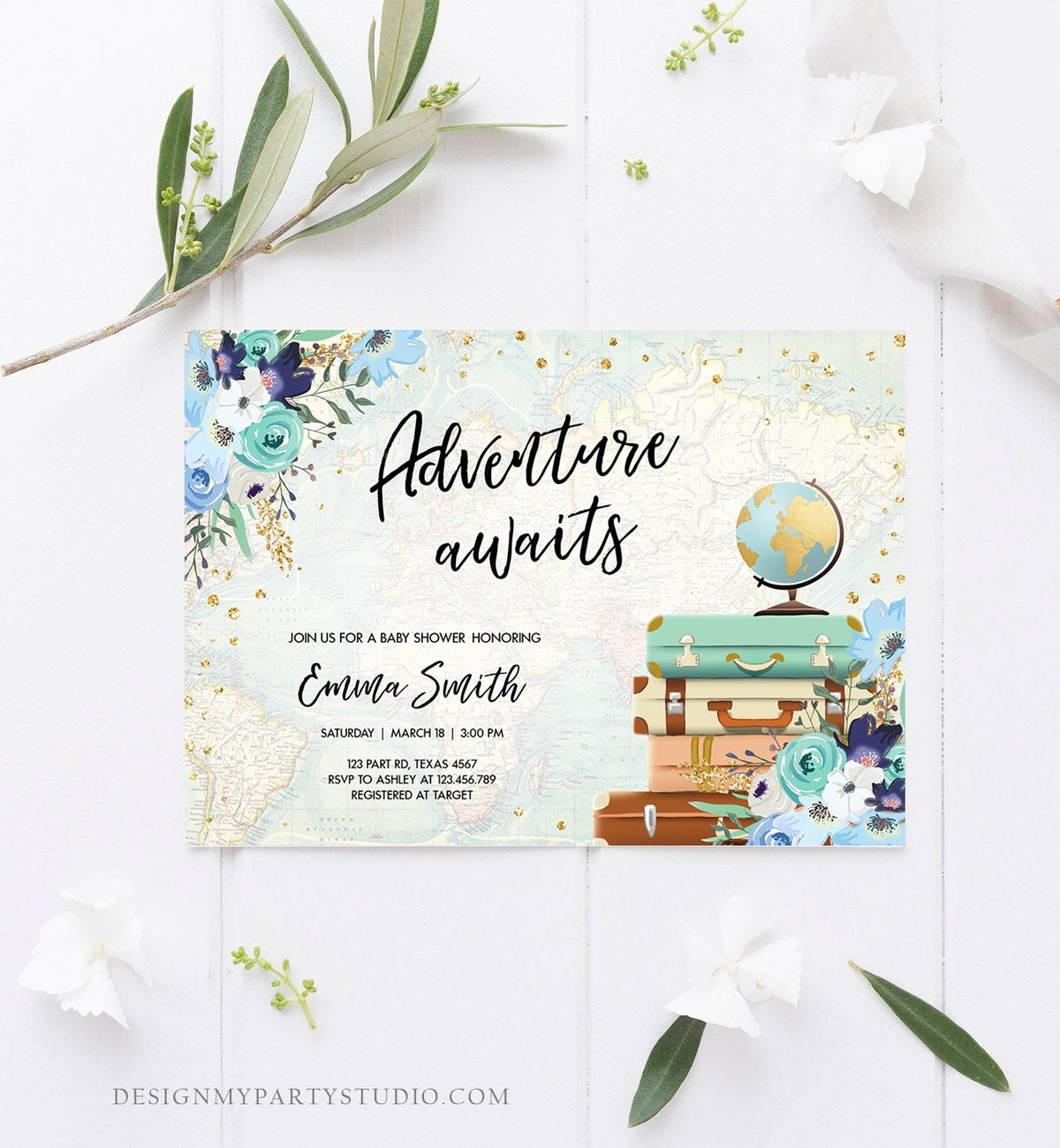 Editable Adventure Awaits Baby Shower Invitation Vintage Travel Around the World Blue Gold Floral Baby Boy Digital Template Printable 0030