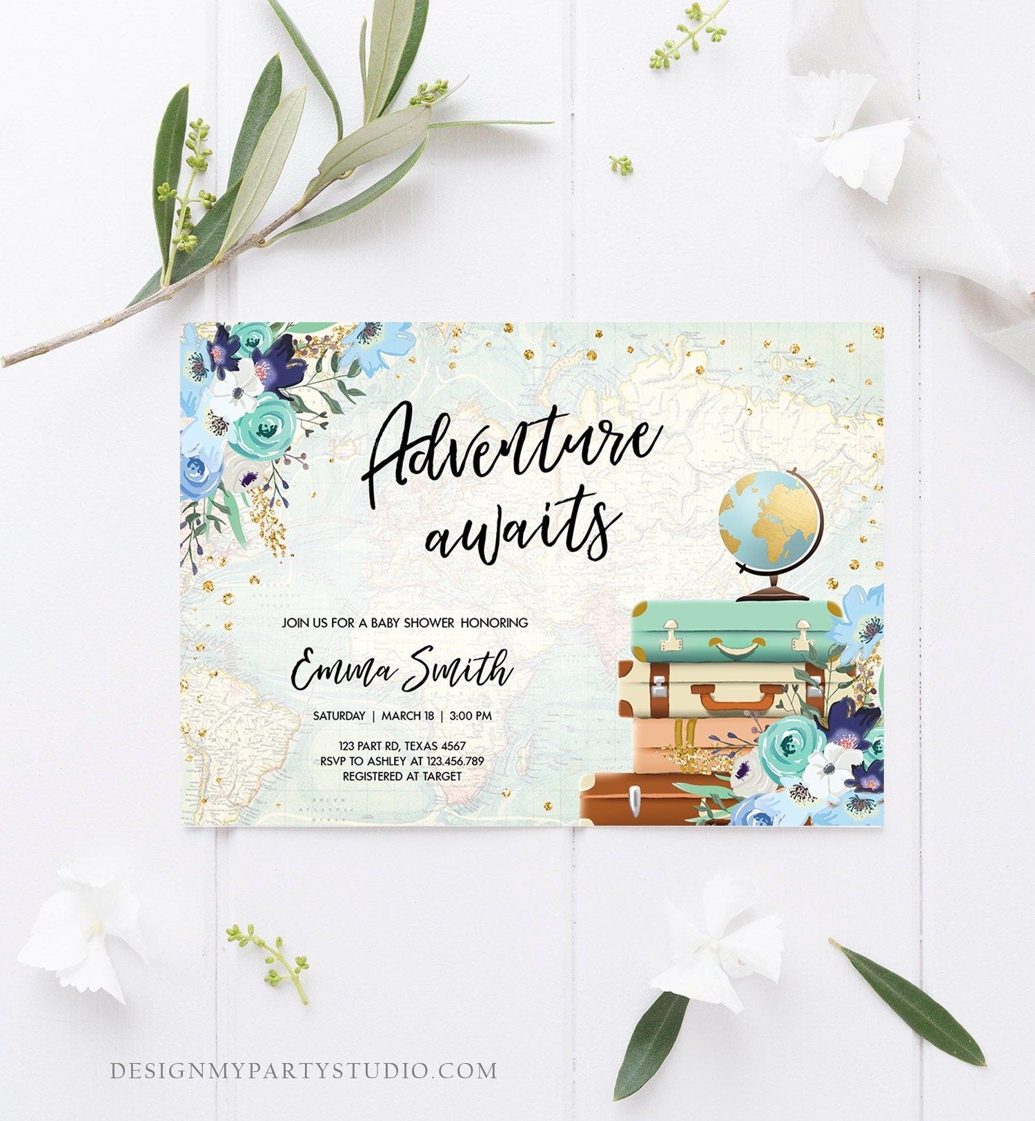 Editable Adventure Awaits Baby Shower Invitation Vintage Travel Around the World Blue Gold Floral Baby Boy Digital Template Printable 0030