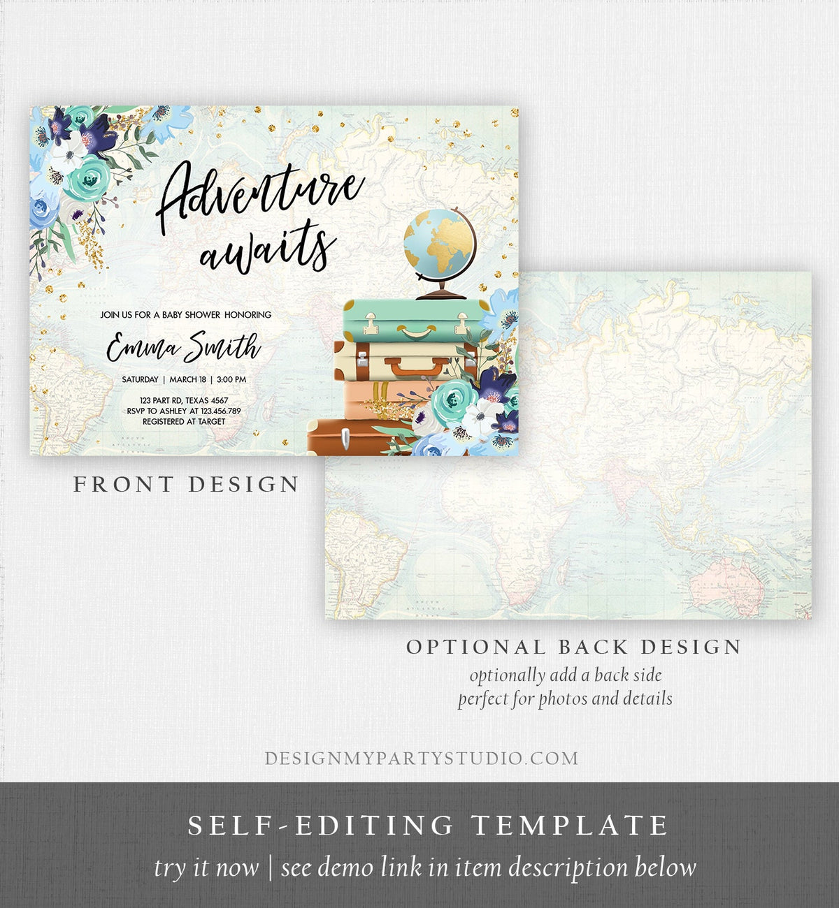 Editable Adventure Awaits Baby Shower Invitation Vintage Travel Around the World Blue Gold Floral Baby Boy Digital Template Printable 0030