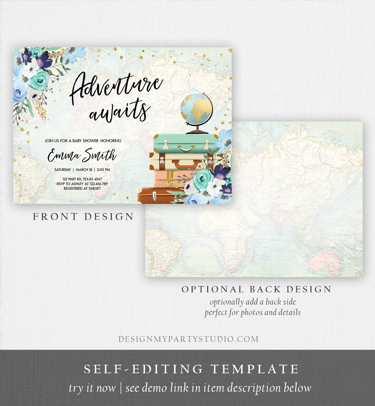 Editable Adventure Awaits Baby Shower Invitation Vintage Travel Around the World Blue Gold Floral Baby Boy Digital Template Printable 0030