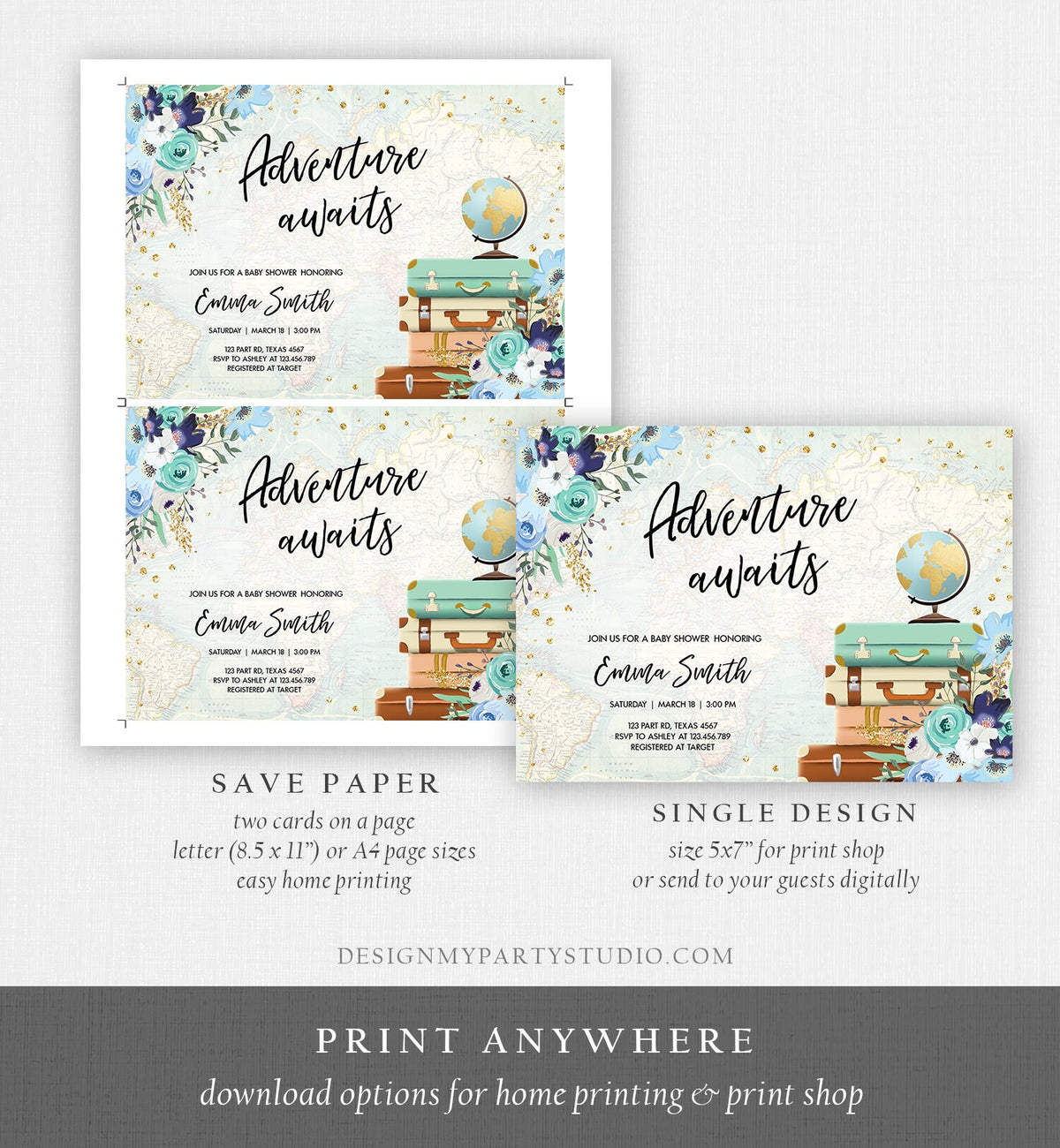Editable Adventure Awaits Baby Shower Invitation Vintage Travel Around the World Blue Gold Floral Baby Boy Digital Template Printable 0030