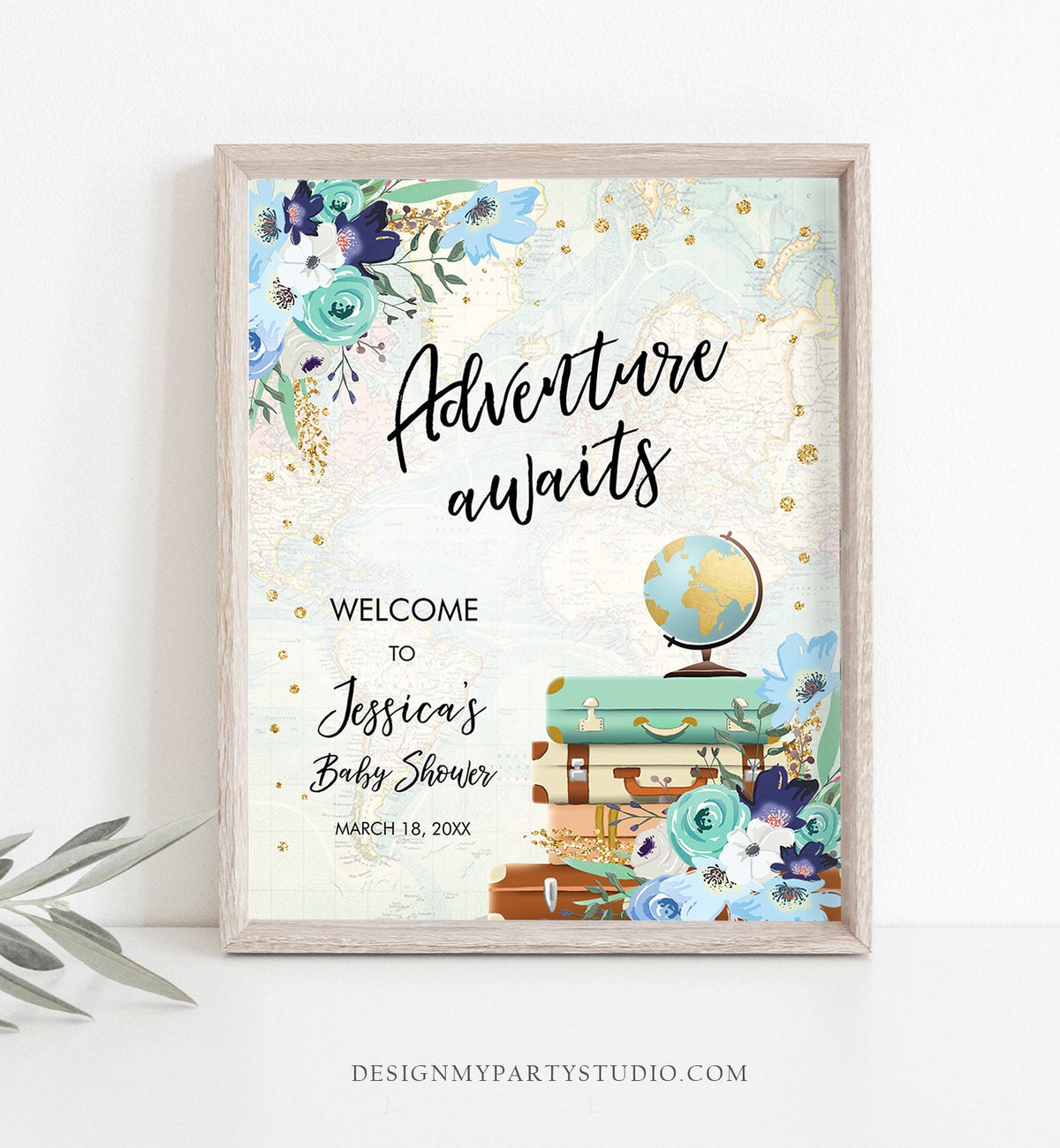 Editable Adventure Awaits Welcome Sign Baby Shower Traveling Around the World Travel Adventure Bridal Shower Floral Blue Corjl Template 0030
