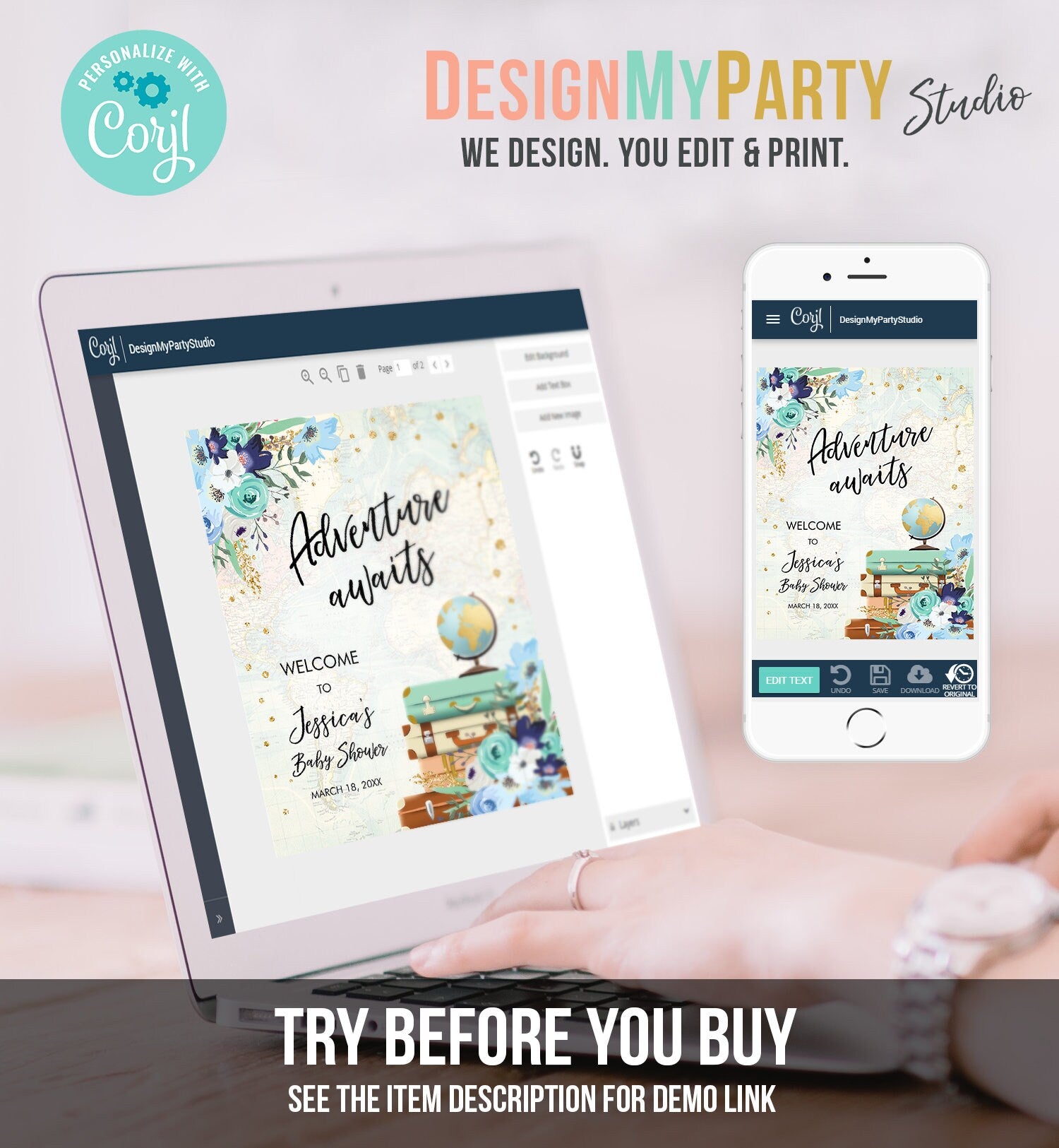 Editable Adventure Awaits Welcome Sign Baby Shower Traveling Around the World Travel Adventure Bridal Shower Floral Blue Corjl Template 0030