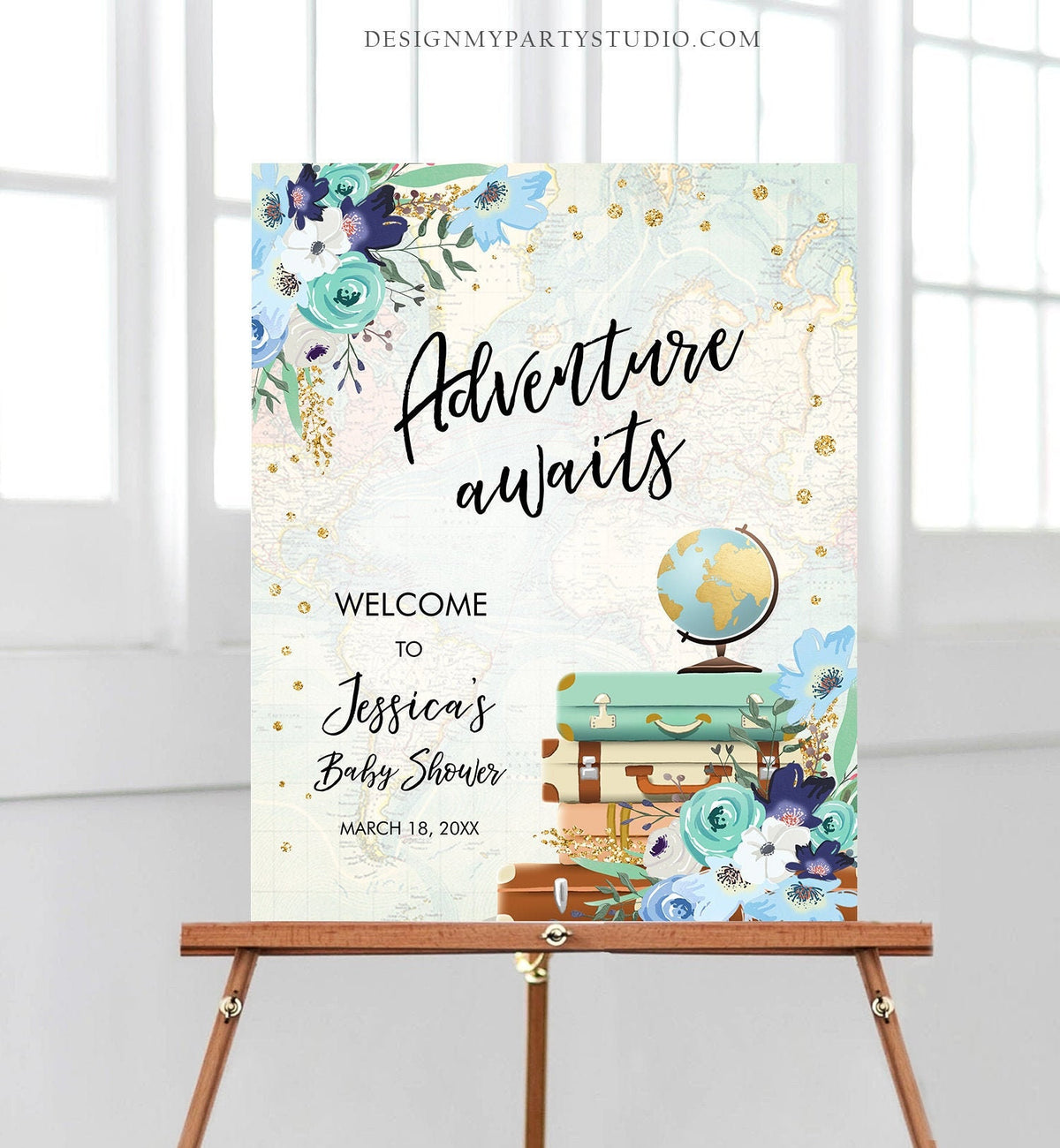 Editable Adventure Awaits Welcome Sign Baby Shower Traveling Around the World Travel Adventure Bridal Shower Floral Blue Corjl Template 0030
