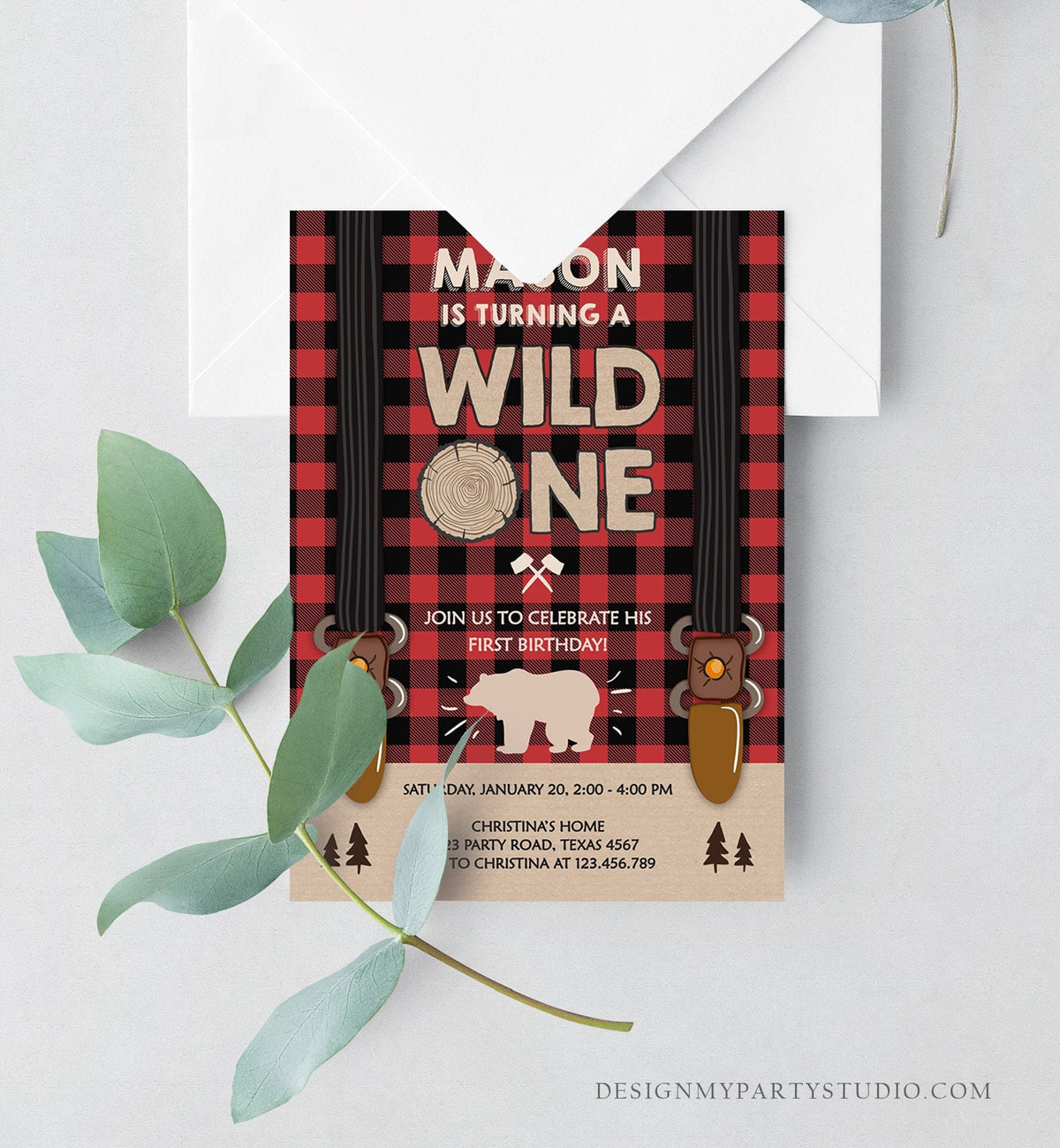 Editable Lumberjack Wild One Birthday Invitation First Birthday Forest Trees Red Plaid Outdoor Bear Boy 1st Digital Template Printable 0026