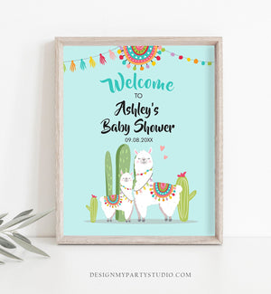 Editable Llama Welcome Sign Llama Baby Shower Welcome Baby Boy Blue Sprinkle Cactus Theme Fiesta Mexican Succulent Corjl Template 0079