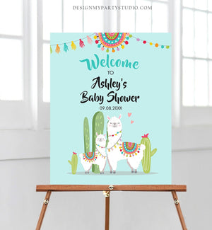 Editable Llama Welcome Sign Llama Baby Shower Welcome Baby Boy Blue Sprinkle Cactus Theme Fiesta Mexican Succulent Corjl Template 0079