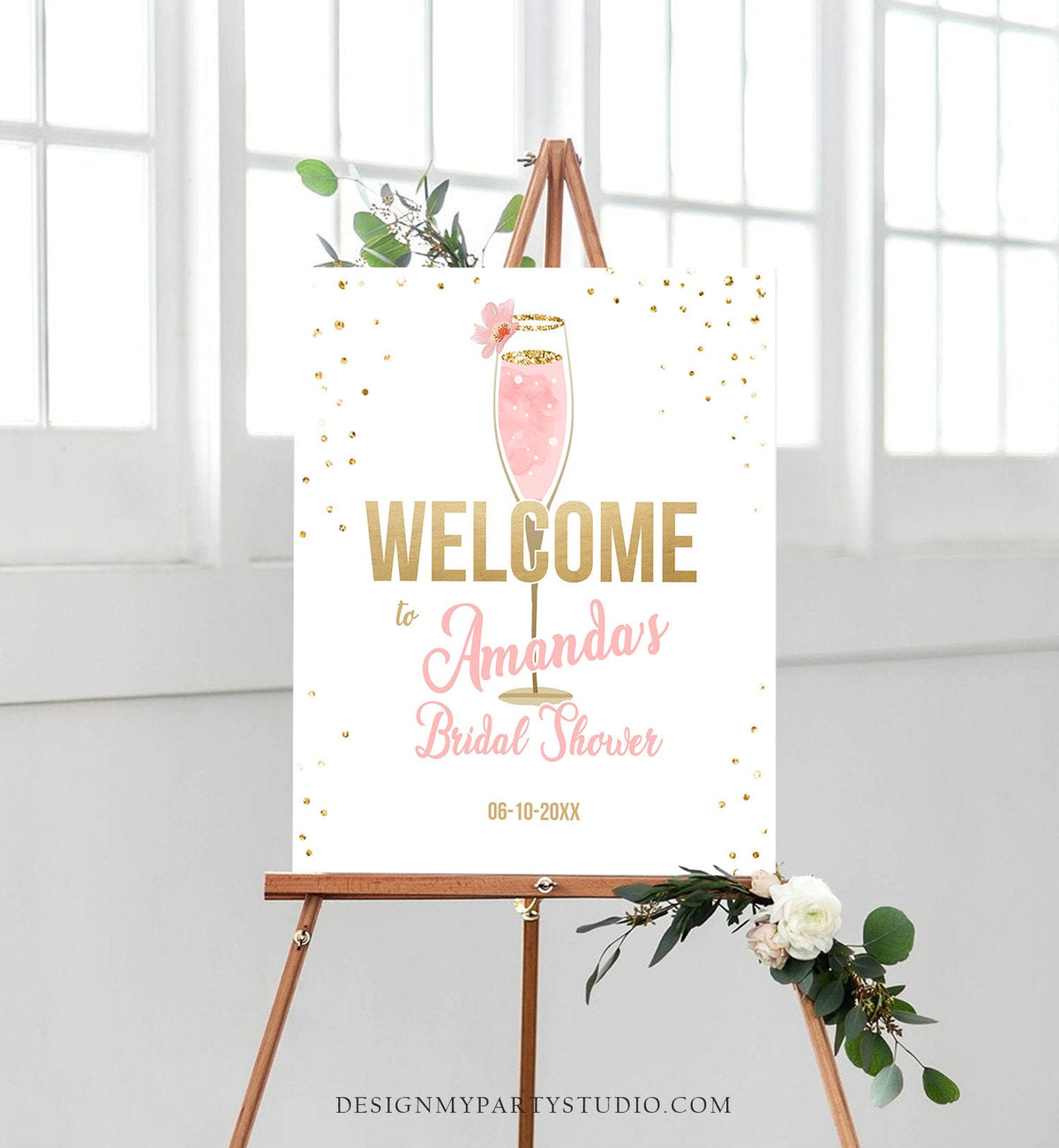 Editable Brunch and Bubbly Welcome Sign Bridal Shower Floral Champagne Gold Pink Wedding Shower Welcome Sign Digital Corjl Template 0150