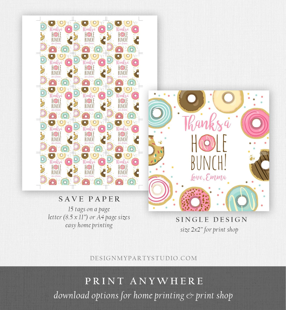 Editable Donut Favor Tag Donut Birthday Thank You A hole Bunch Donut Stickers Girl Pink Donut Dough Round Digital Template Printable 0050