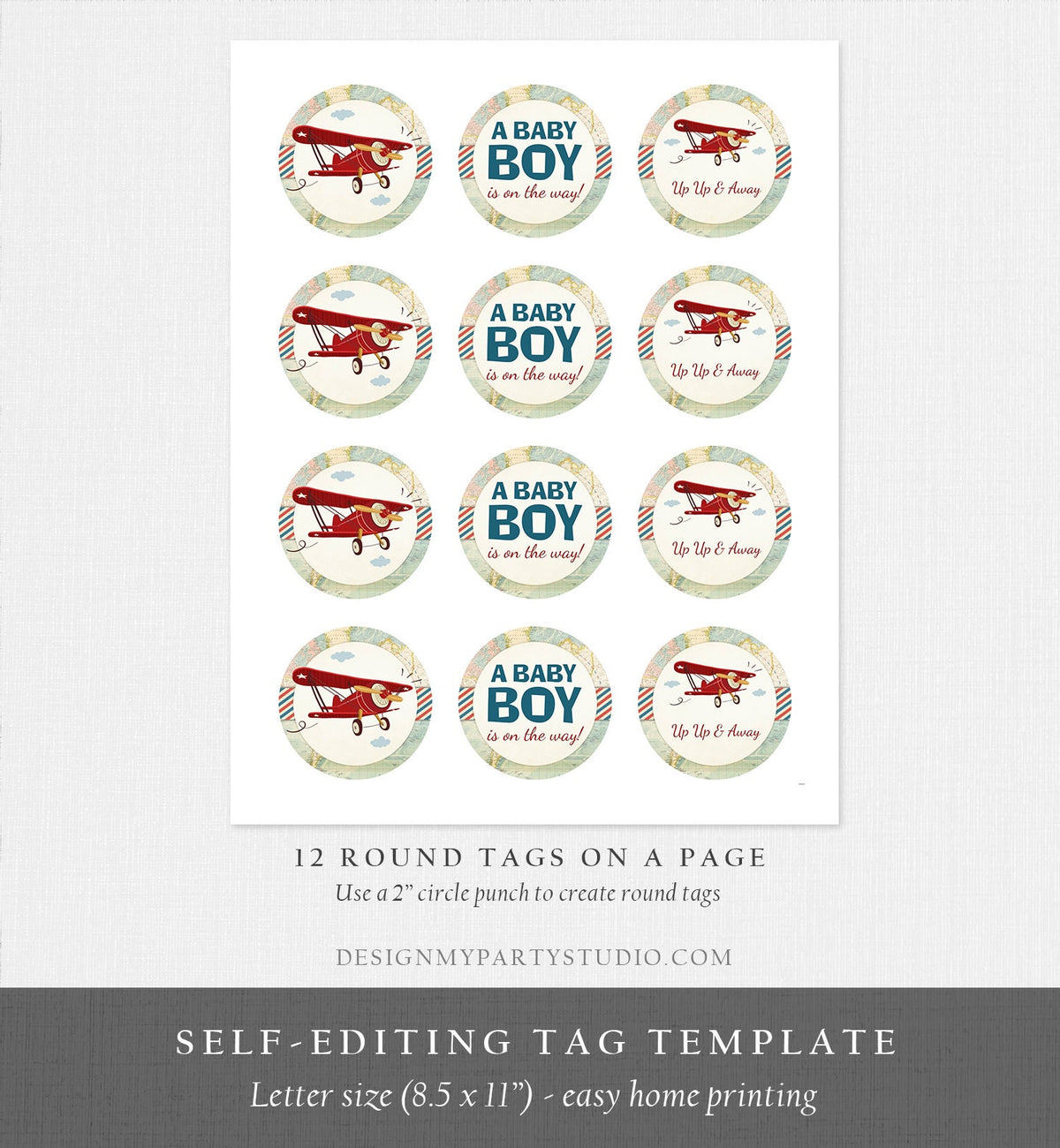 Editable Airplane Baby Shower Cupcake Toppers Vintage Airplane Round Stickers Plane Shower Boy Sky Red Blue Corjl Template Printable 0011