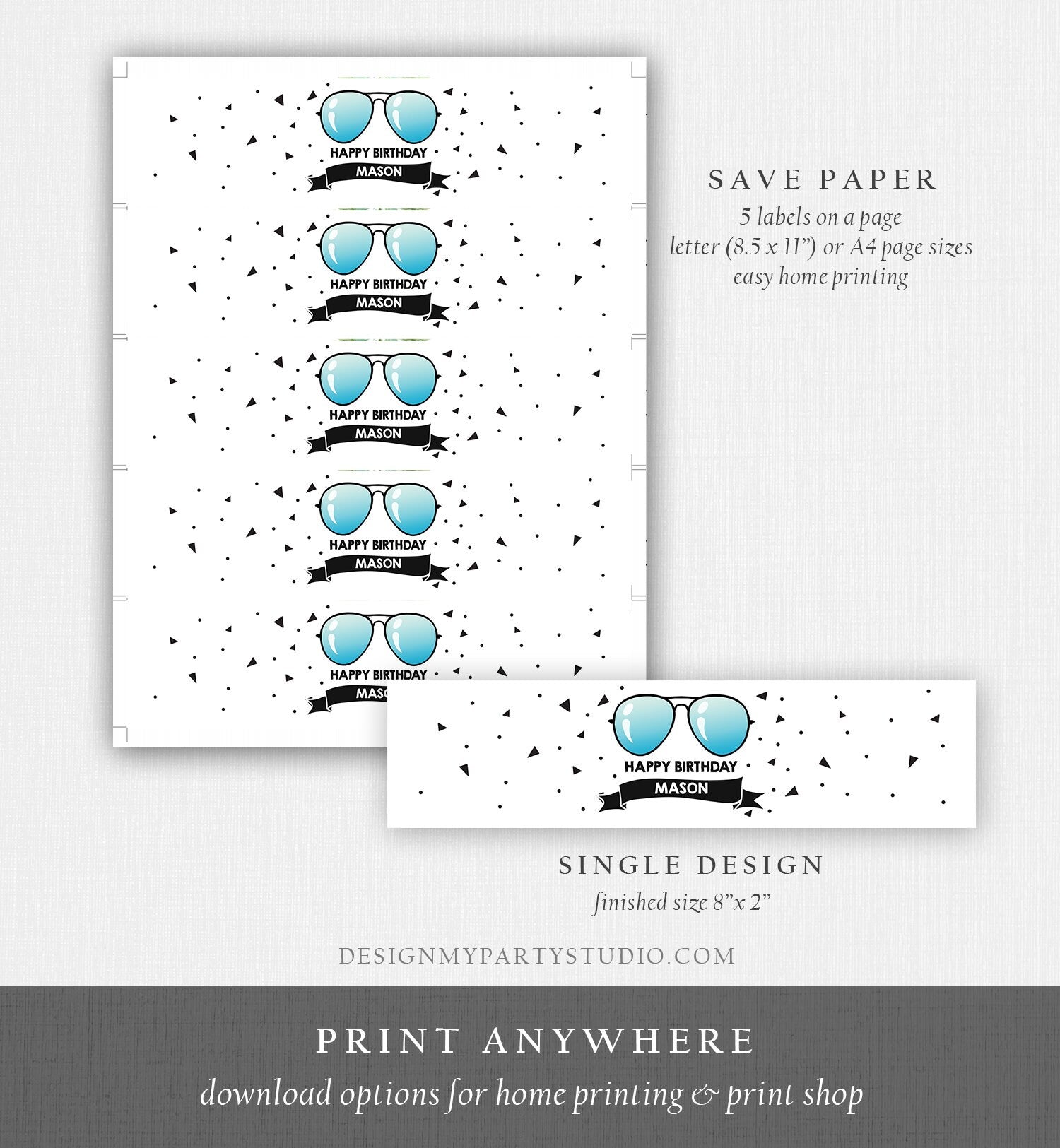 Editable Water Bottle Labels Sunglasses Two Cool Birthday Boy 2nd Birthday Summer I'm This Many Glasses Decor Printable Template Corjl 0136