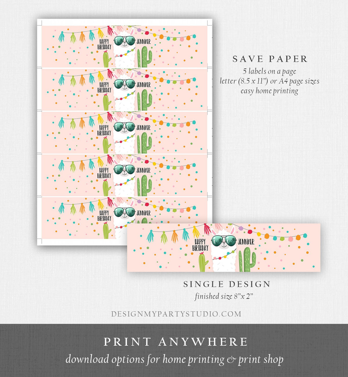 Editable Water Bottle Labels Llama Birthday Girl Cactus Pink Succulent Fiesta Mexican Printable Bottle Labels Printable Template Corjl 0079