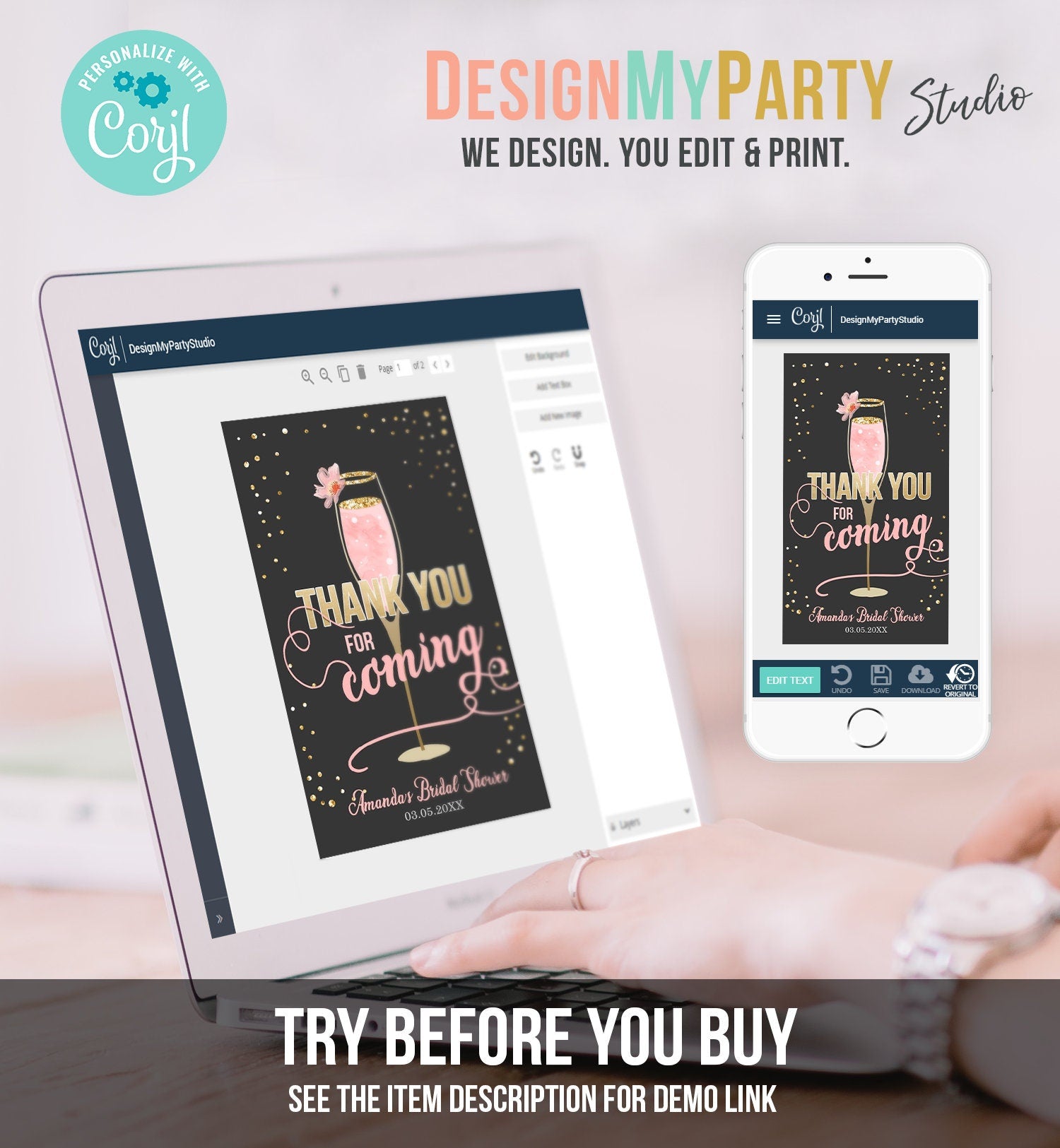 Editable Brunch and Bubbly Thank You Tags Bubbly Bridal Shower Favor Tags Pink Gold Chalk Floral Printable Tag Corjl Template Printable 0150