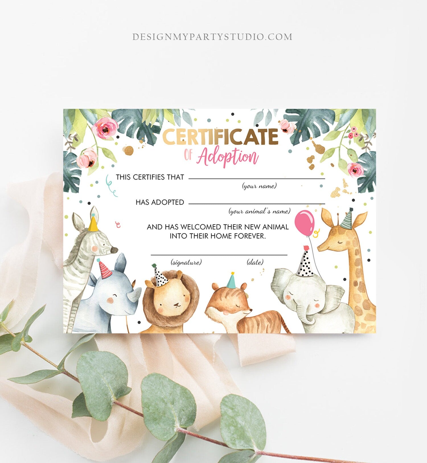 Adopt an Animal Adoption Certificate Safari Animals Adoption Wild One Birthday Party Animals Birthday Girl Download Digital PRINTABLE 0163
