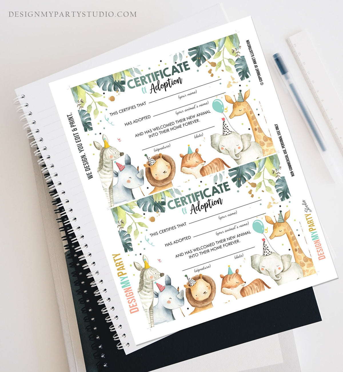 Adopt an Animal Adoption Certificate Safari Animals Adoption Wild One Birthday Party Animals Watercolor Boy Digital Download Printable 0163