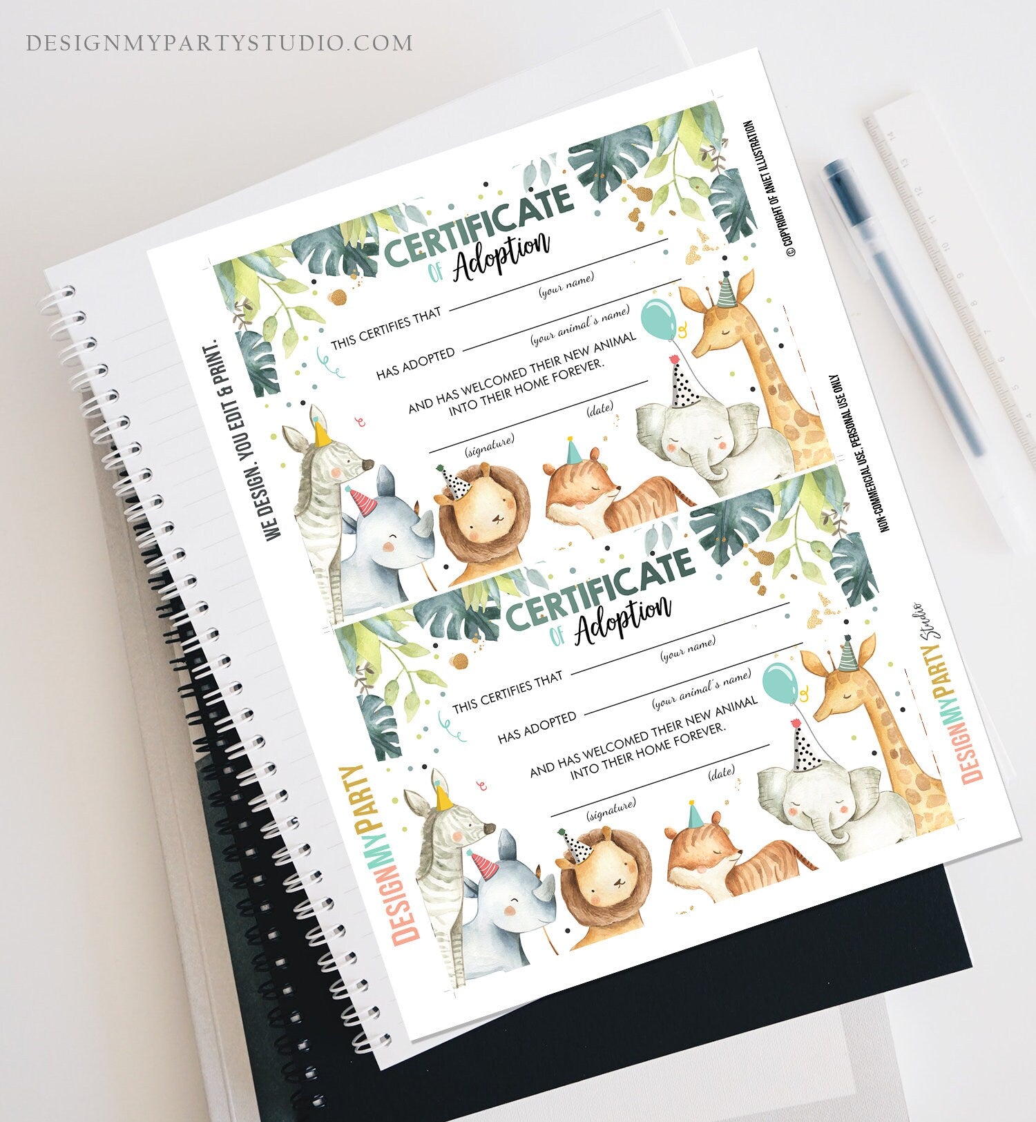 Adopt an Animal Adoption Certificate Safari Animals Adoption Wild One Birthday Party Animals Watercolor Boy Digital Download Printable 0163