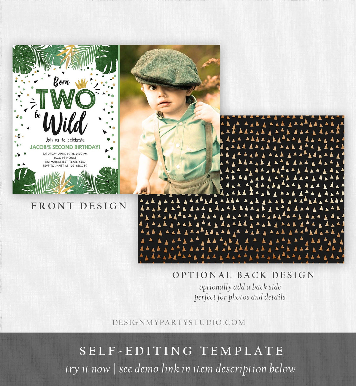 Editable Born Two be Wild Birthday Invitation Boy Tropical Safari Animals Boy Gold Second 2nd Digital Download Template Printable 0332