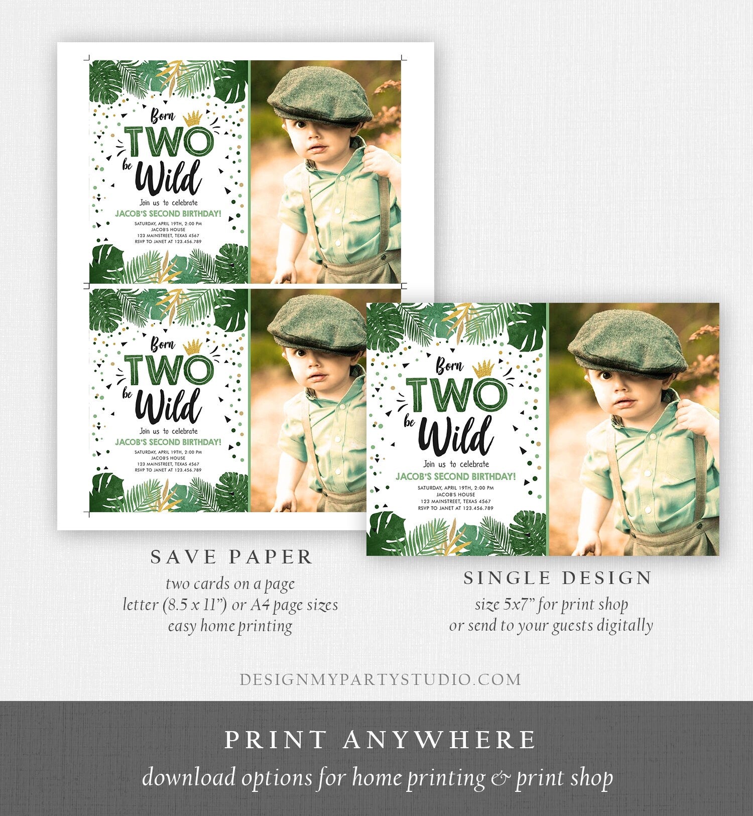Editable Born Two be Wild Birthday Invitation Boy Tropical Safari Animals Boy Gold Second 2nd Digital Download Template Printable 0332