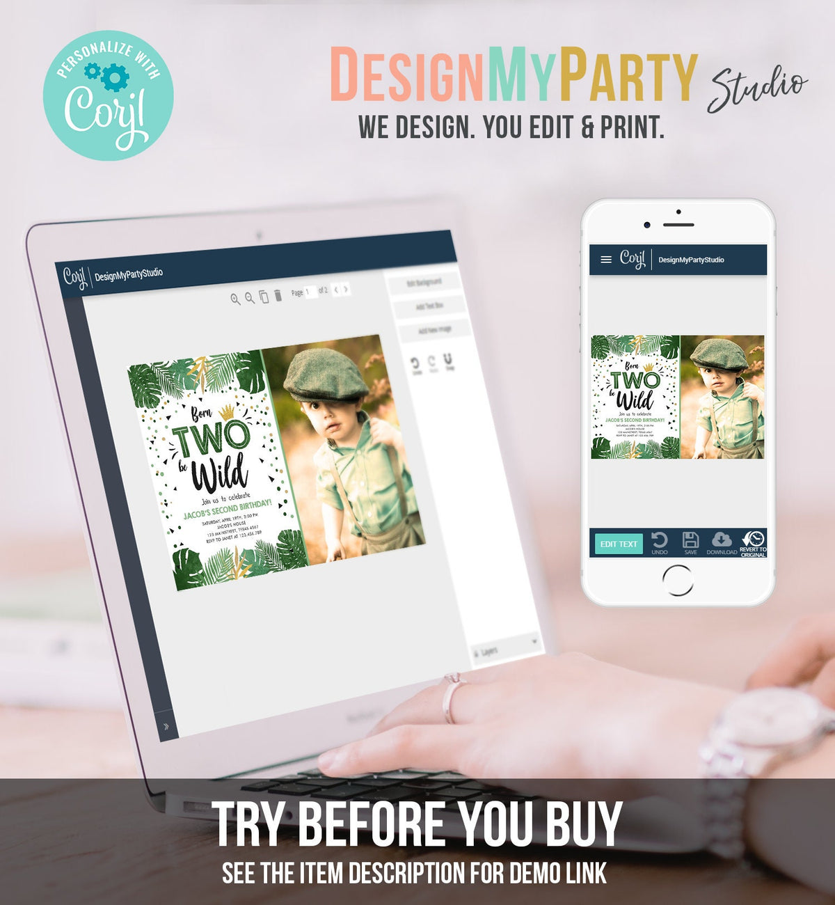 Editable Born Two be Wild Birthday Invitation Boy Tropical Safari Animals Boy Gold Second 2nd Digital Download Template Printable 0332