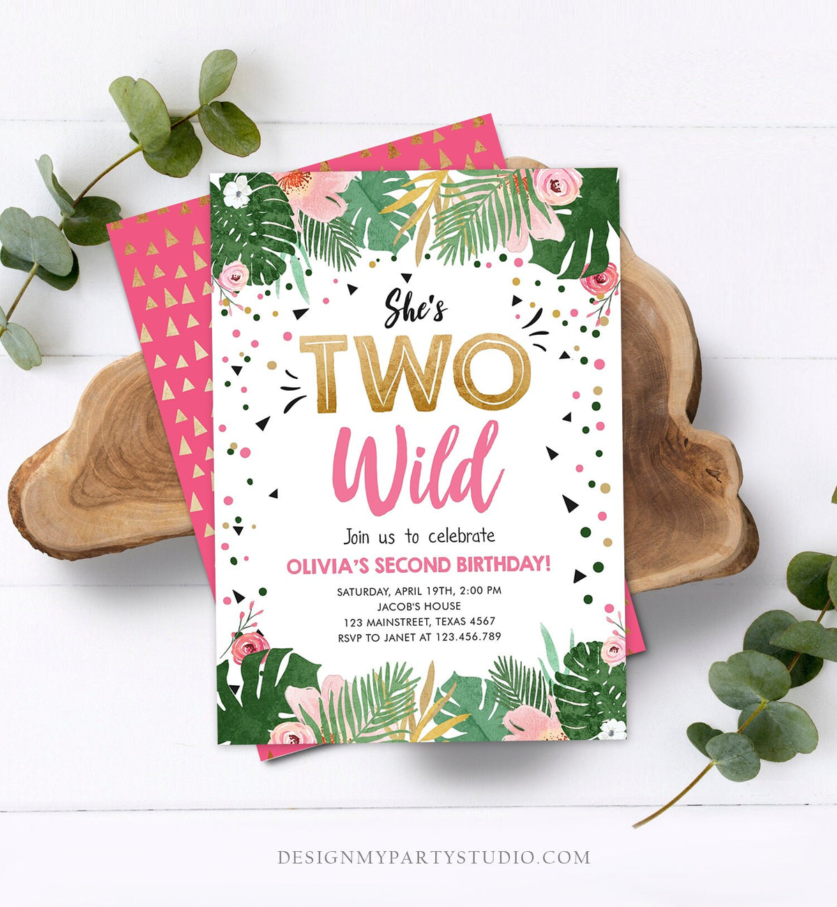 Editable Two Wild Birthday Invitation Girl Tropical Safari Pink Gold Jungle Second Birthday 2nd Download Evite Template Printable 0332
