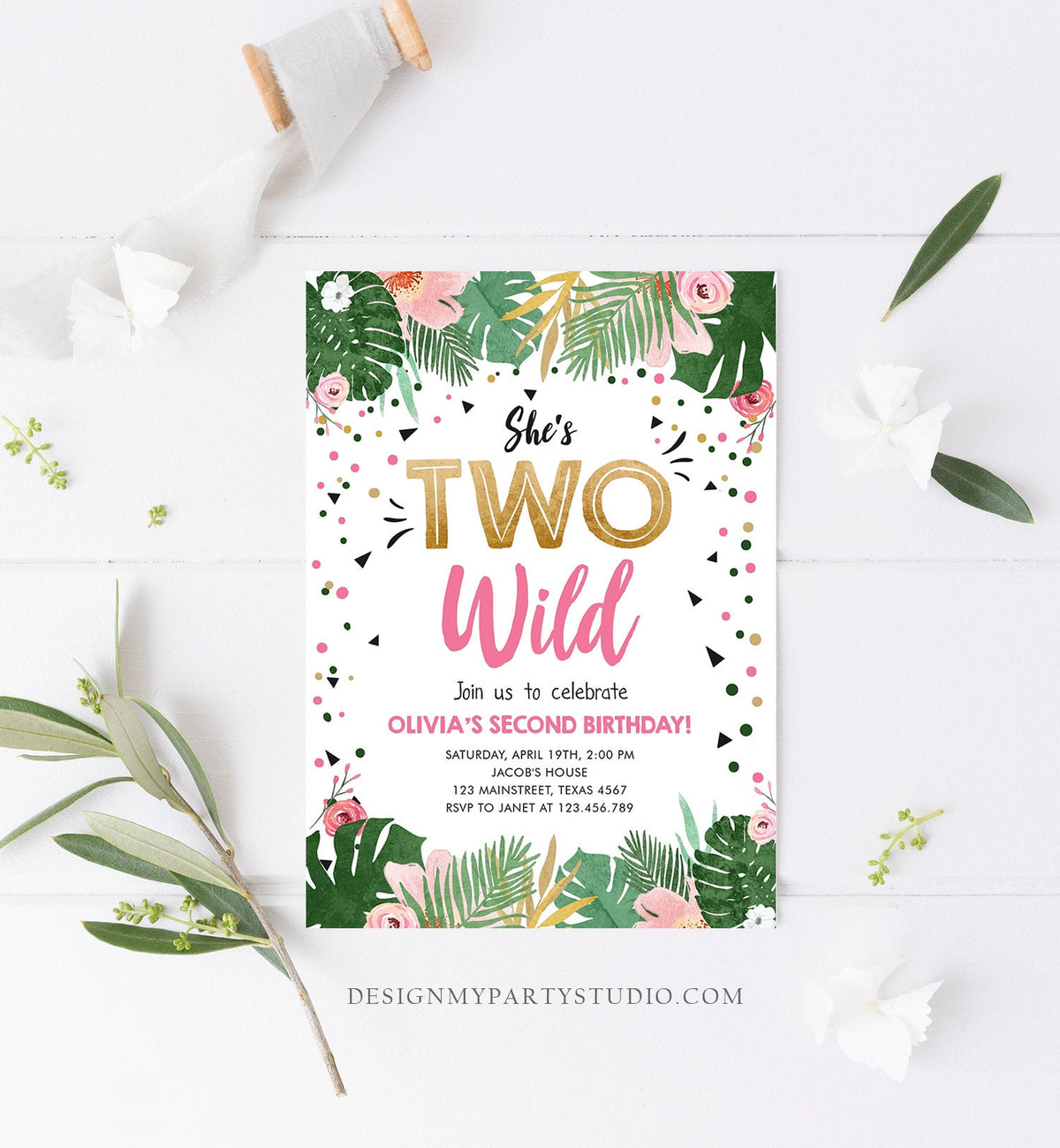 Editable Two Wild Birthday Invitation Girl Tropical Safari Pink Gold Jungle Second Birthday 2nd Download Evite Template Printable 0332