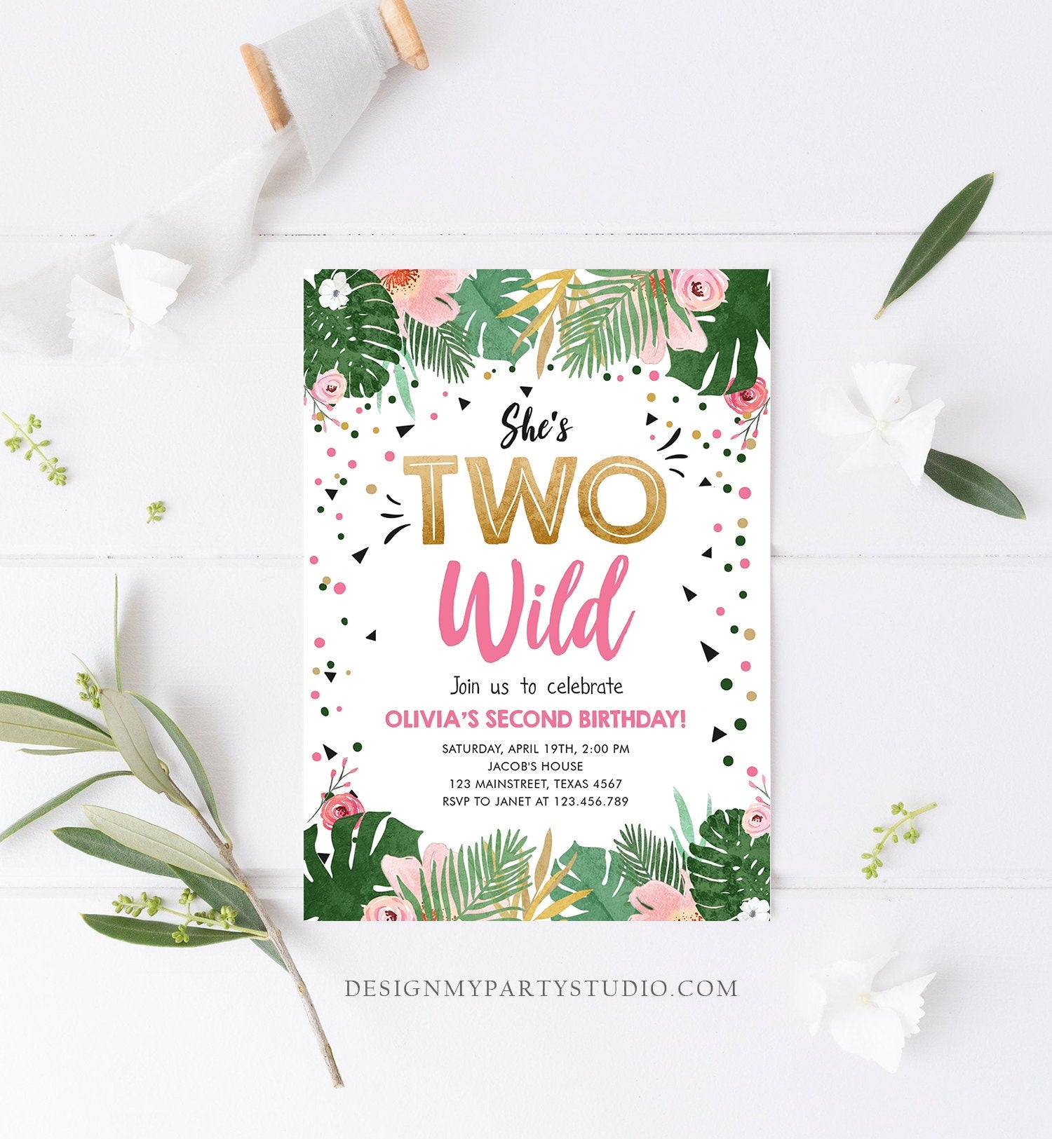 Editable Two Wild Birthday Invitation Girl Tropical Safari Pink Gold Jungle Second Birthday 2nd Download Evite Template Printable 0332