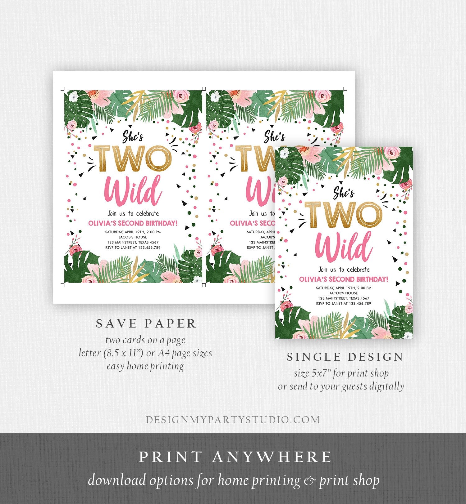 Editable Two Wild Birthday Invitation Girl Tropical Safari Pink Gold Jungle Second Birthday 2nd Download Evite Template Printable 0332
