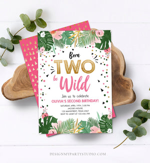 Editable Born Two be Wild Birthday Invitation Girl Tropical Safari Pink Gold Second Birthday 2nd Download Corjl Template Printable 0332